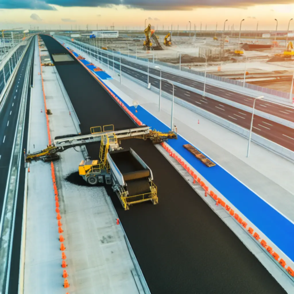 Widok z lotu ptaka na budowę autostrady z pracami asfaltowymi w trakcie realizacji