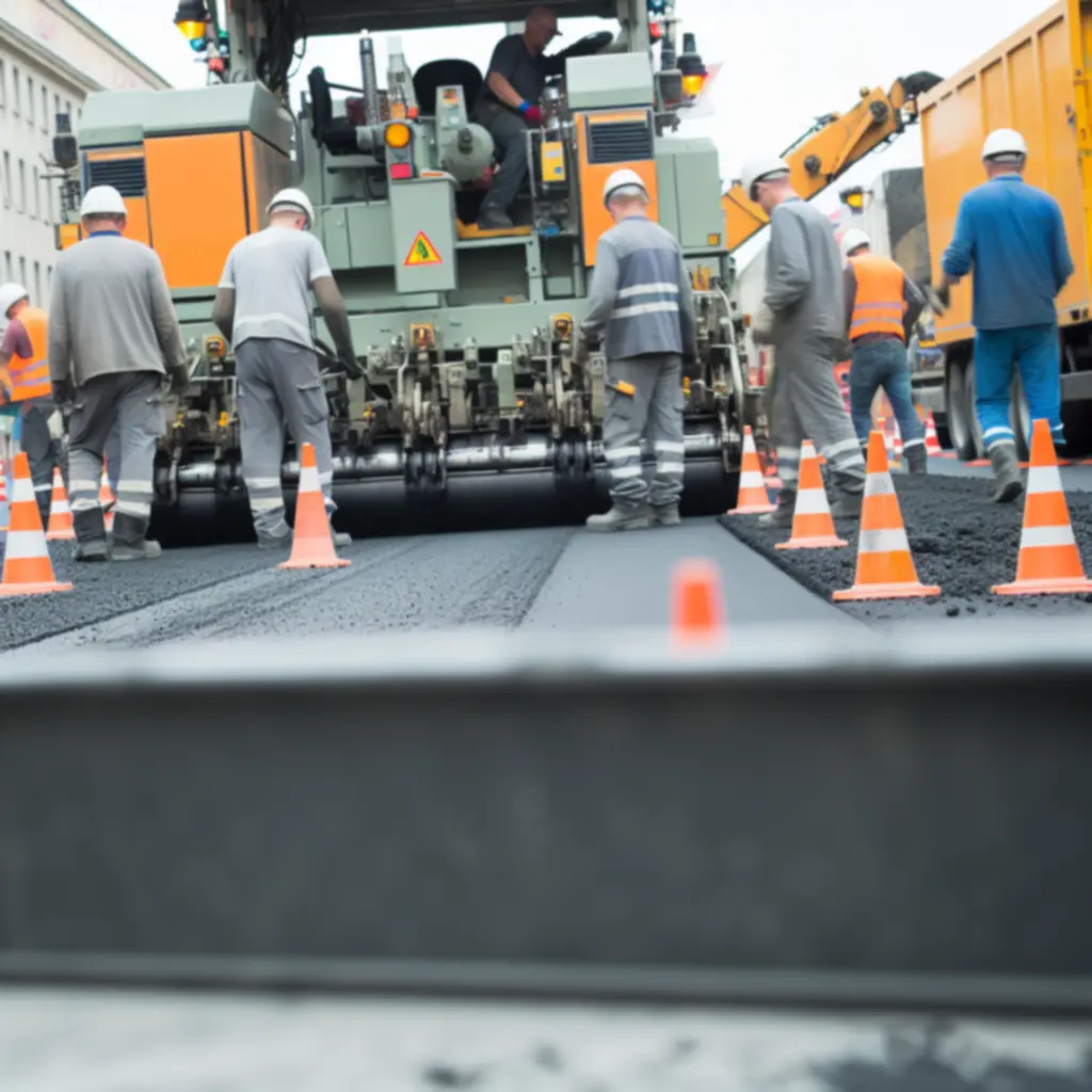 Frezer drogowy podczas prac naprawczych na autostradzie z oznakowaniem tymczasowym
